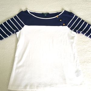 Lauren Ralph Lauren Women's Ladies Long Sleeve Blue Strip Top Sz XL MINT